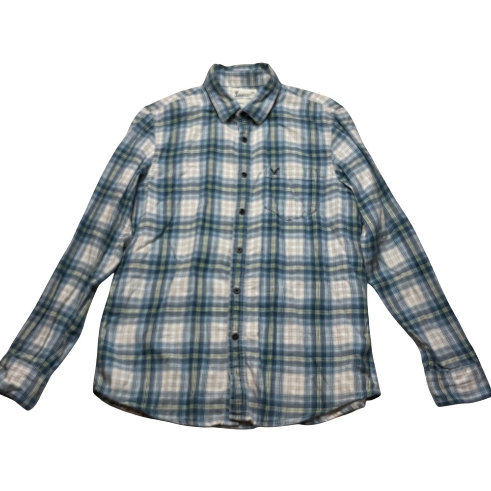 American Eagle‎ Button Up Mens Large Blue Plaid No 77 Long Sleeve Cotton Shirt